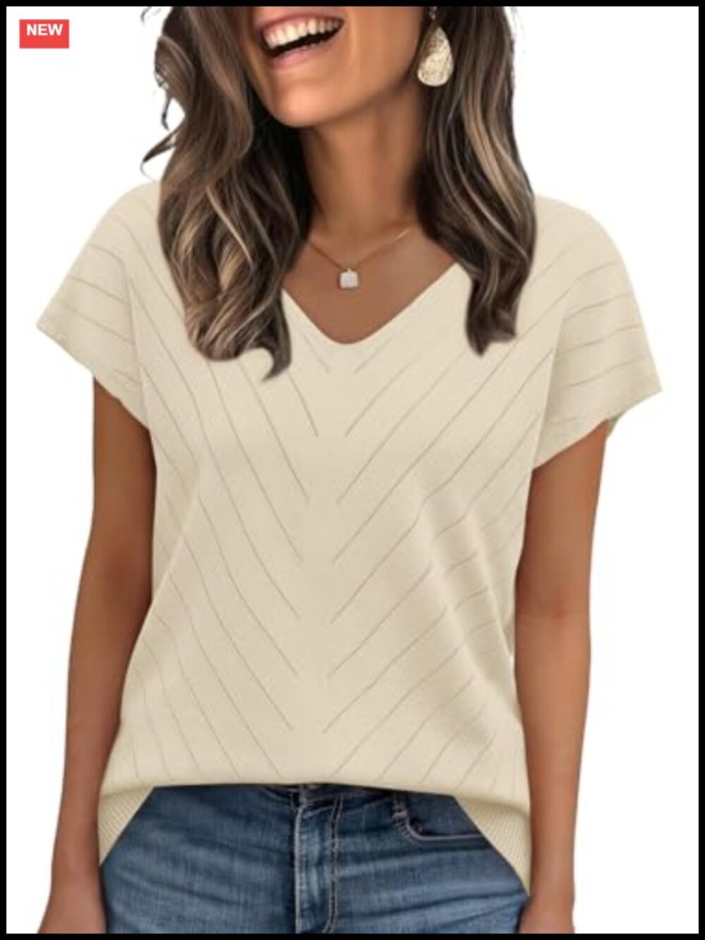 Women's V-Neck Short Sleeve Knit Pullover Lightweight Summer Top